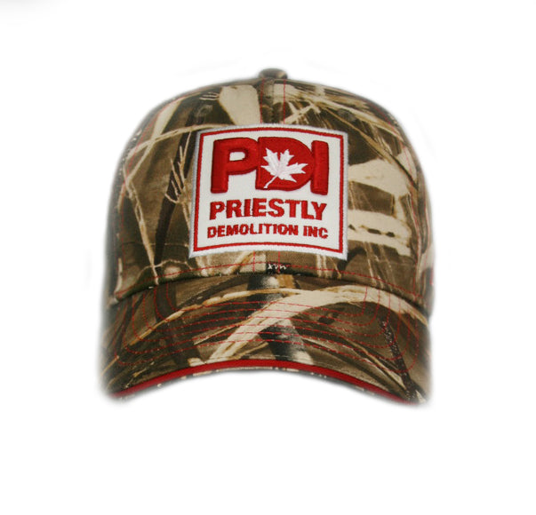 Priestly Demolition Inc. CAMO, full-back hat with embroidered logo and Canada flag